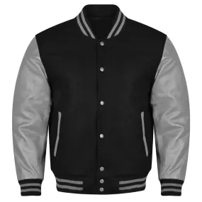 Varsity Black Letterman Baseball Wool &Grey Real Leather Sleeves Jacket