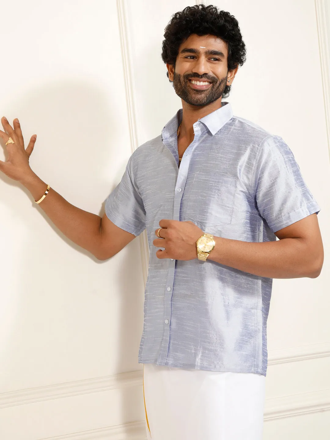 VASTRAMAY Men's Bluish White Silk Blend Shirt And Mundu
