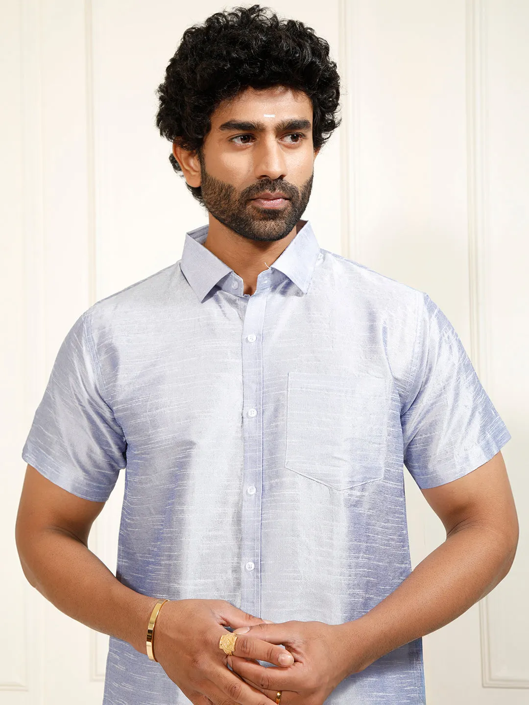 VASTRAMAY Men's Bluish White Silk Blend Shirt And Mundu