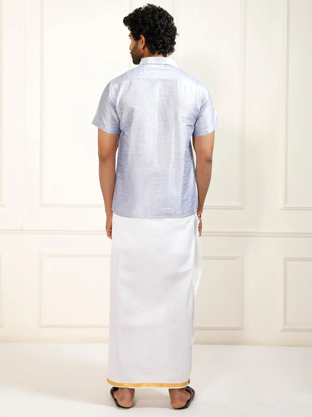 VASTRAMAY Men's Bluish White Silk Blend Shirt And Mundu