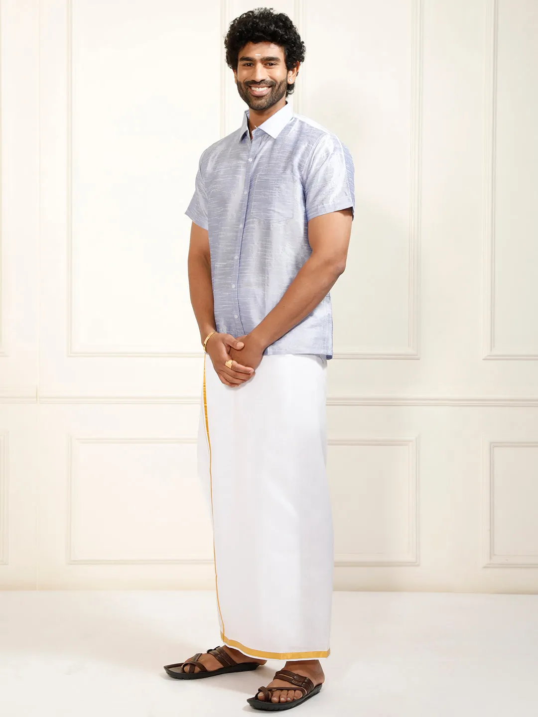 VASTRAMAY Men's Bluish White Silk Blend Shirt And Mundu