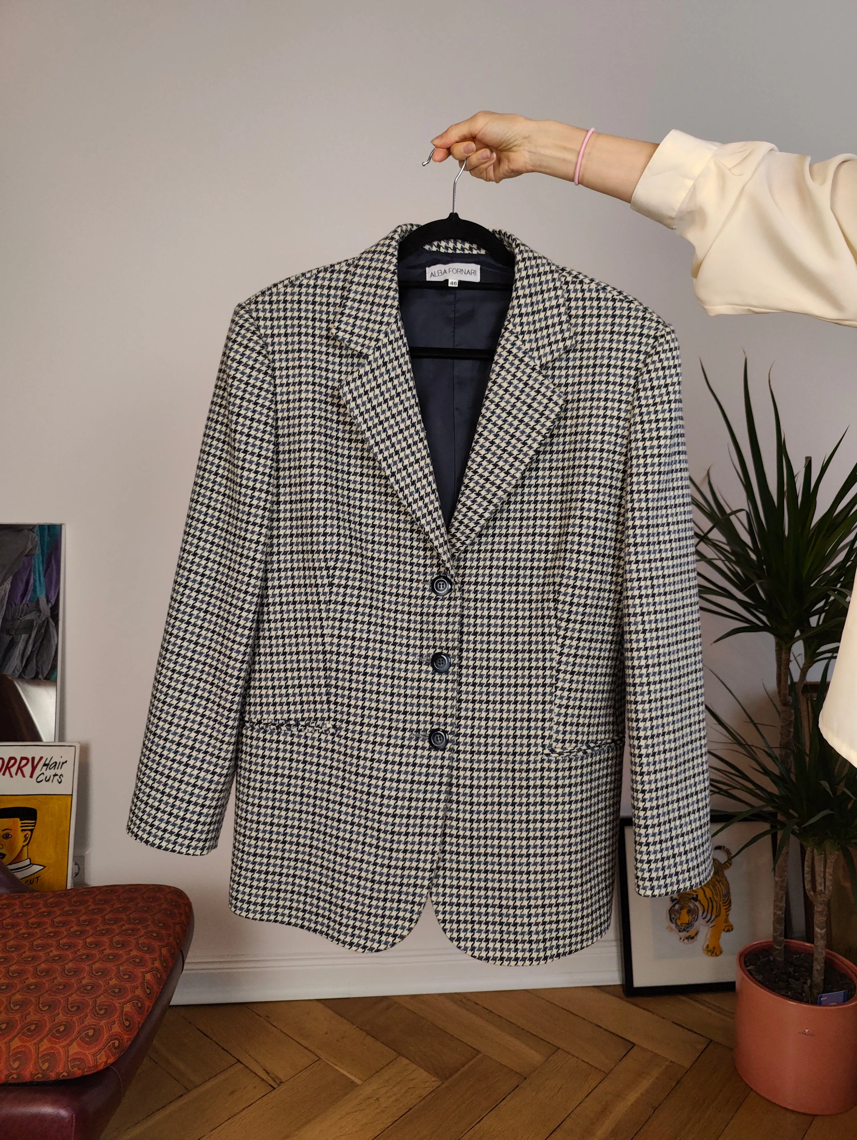 Vintage wool blend blazer blue white checker check tartan pied de poule houndstooth jacket women IT46 EU M
