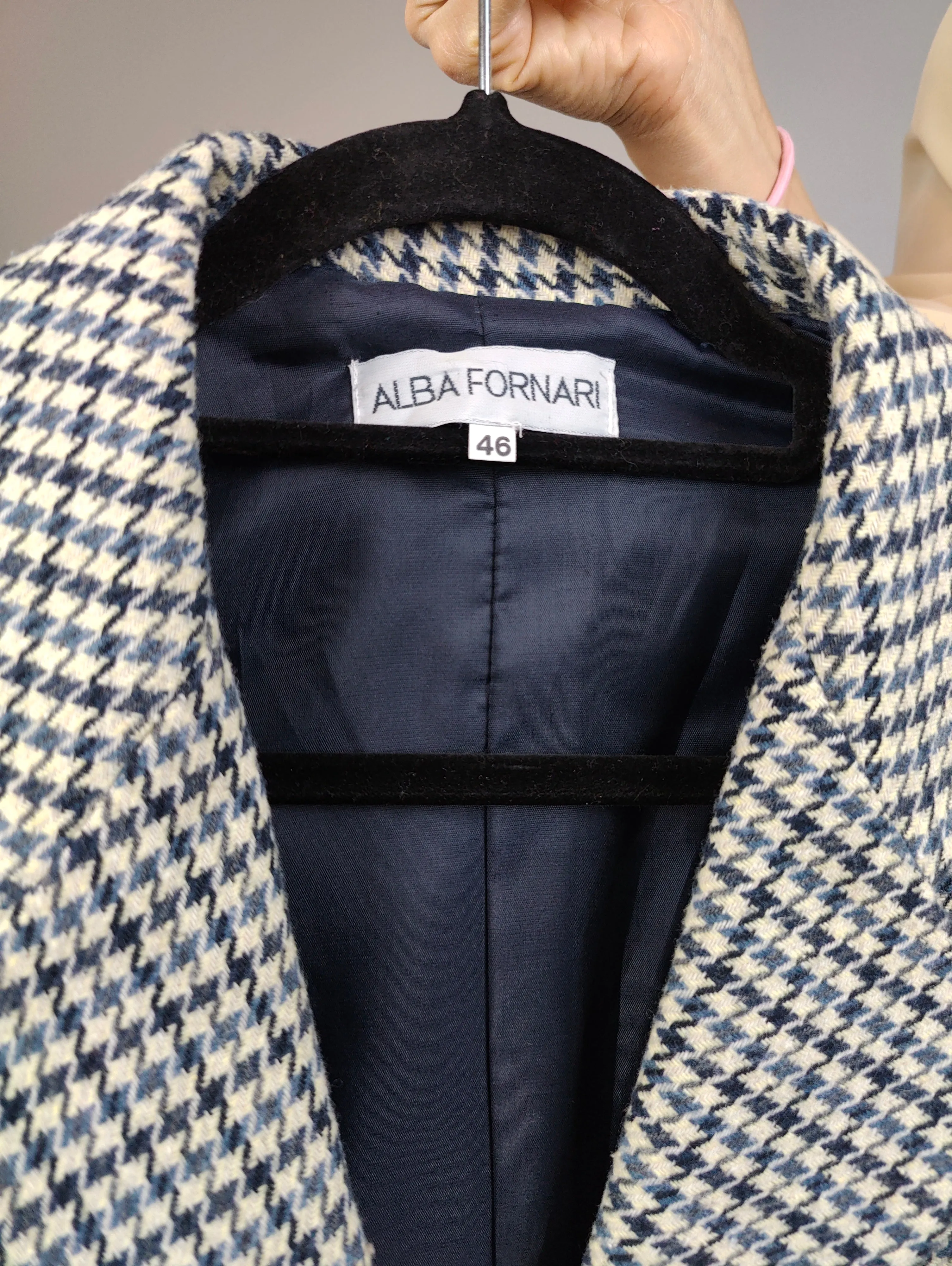 Vintage wool blend blazer blue white checker check tartan pied de poule houndstooth jacket women IT46 EU M