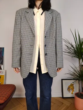 Vintage wool blend blazer blue white checker check tartan pied de poule houndstooth jacket women IT46 EU M