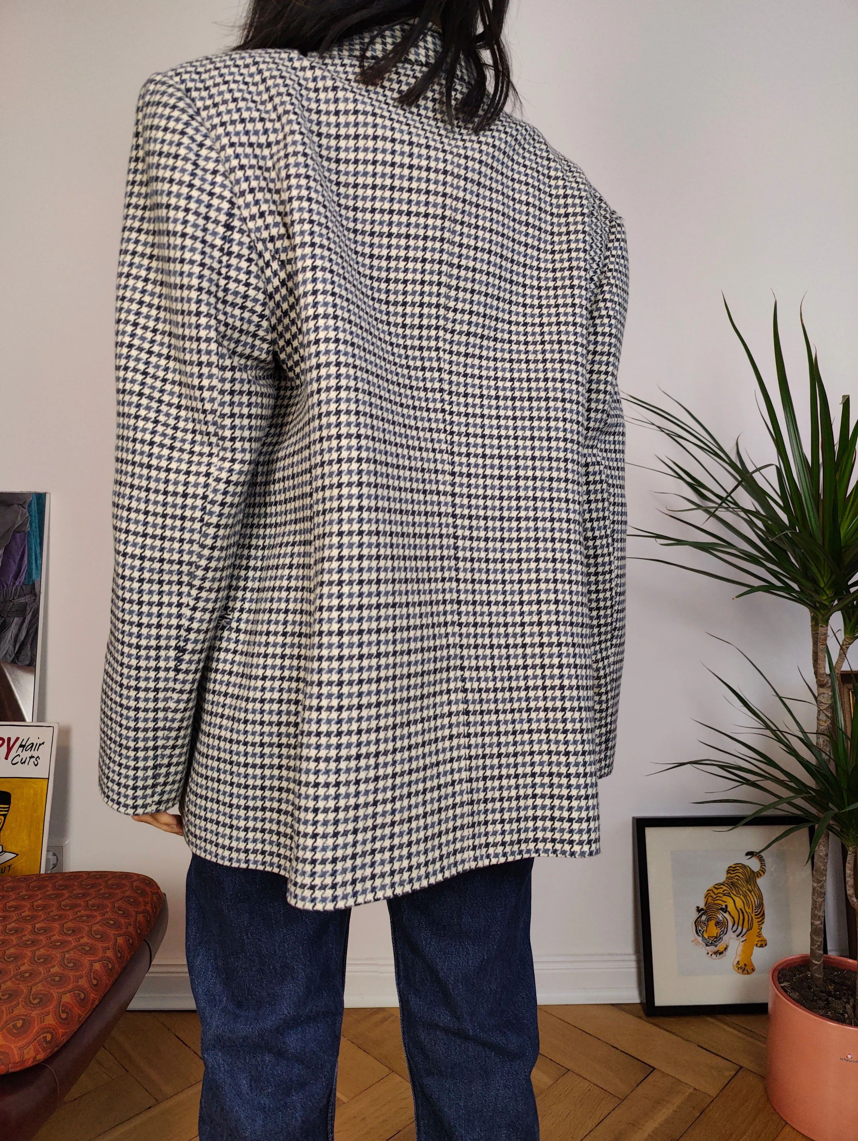 Vintage wool blend blazer blue white checker check tartan pied de poule houndstooth jacket women IT46 EU M