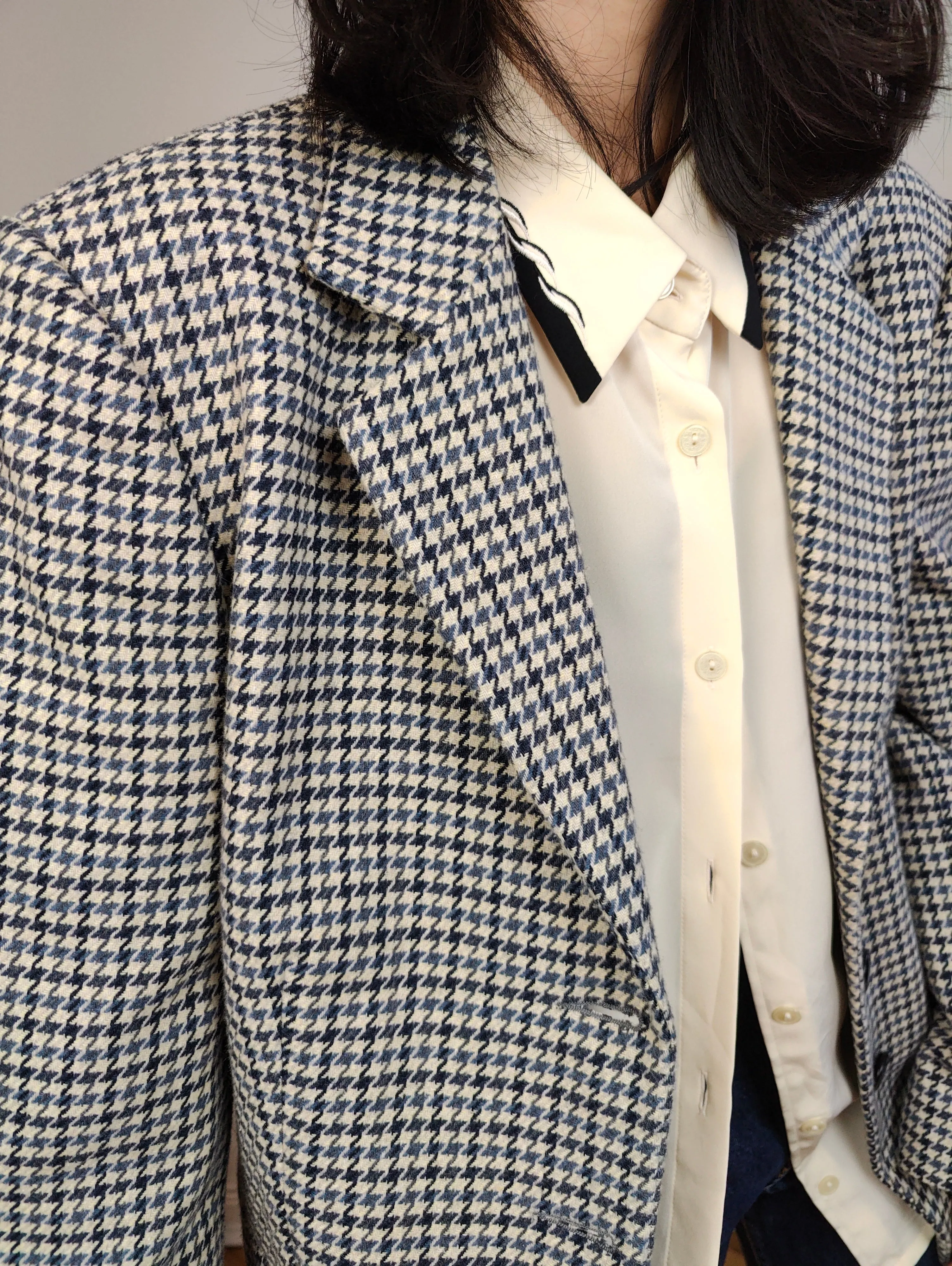 Vintage wool blend blazer blue white checker check tartan pied de poule houndstooth jacket women IT46 EU M