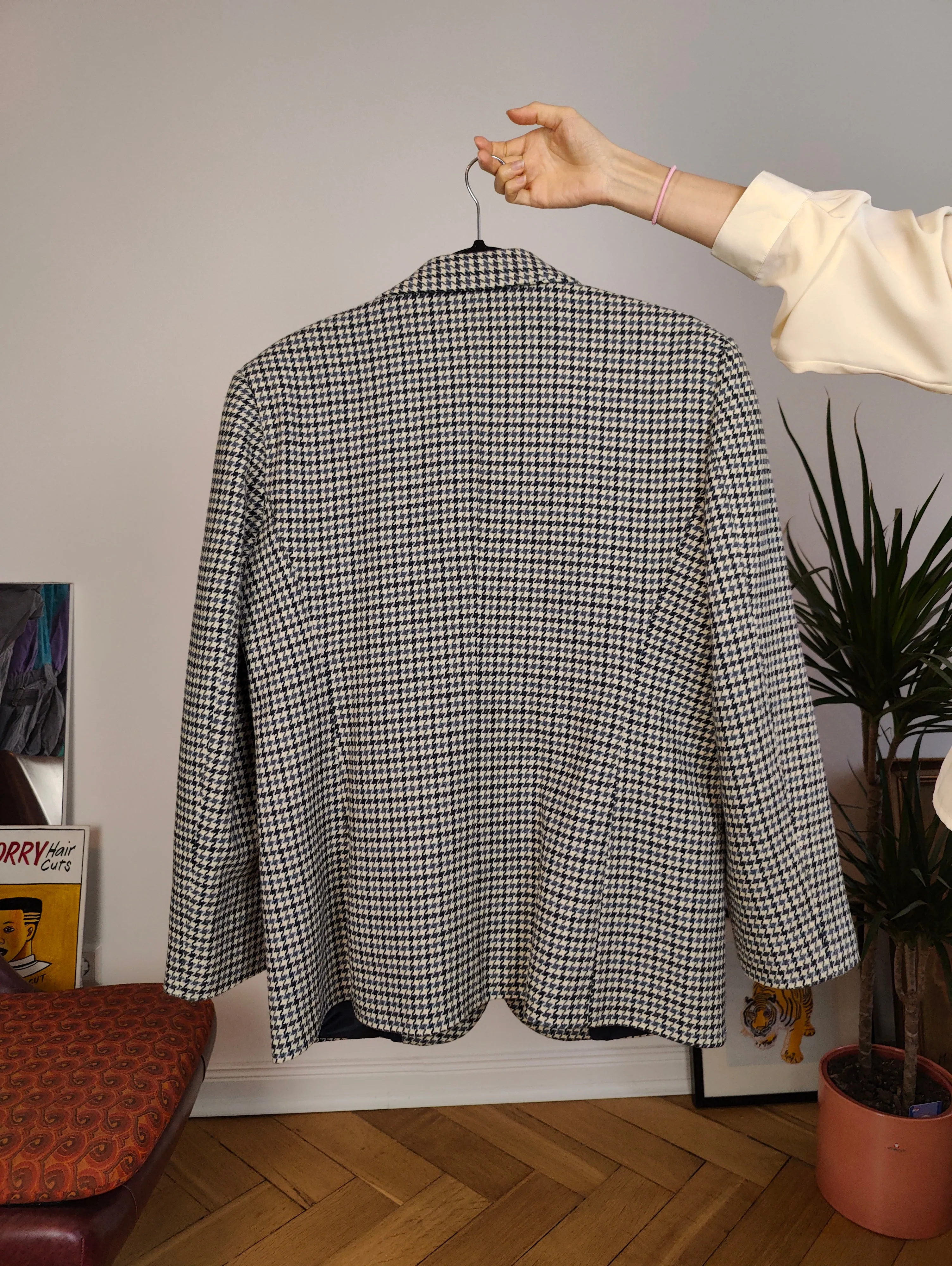 Vintage wool blend blazer blue white checker check tartan pied de poule houndstooth jacket women IT46 EU M