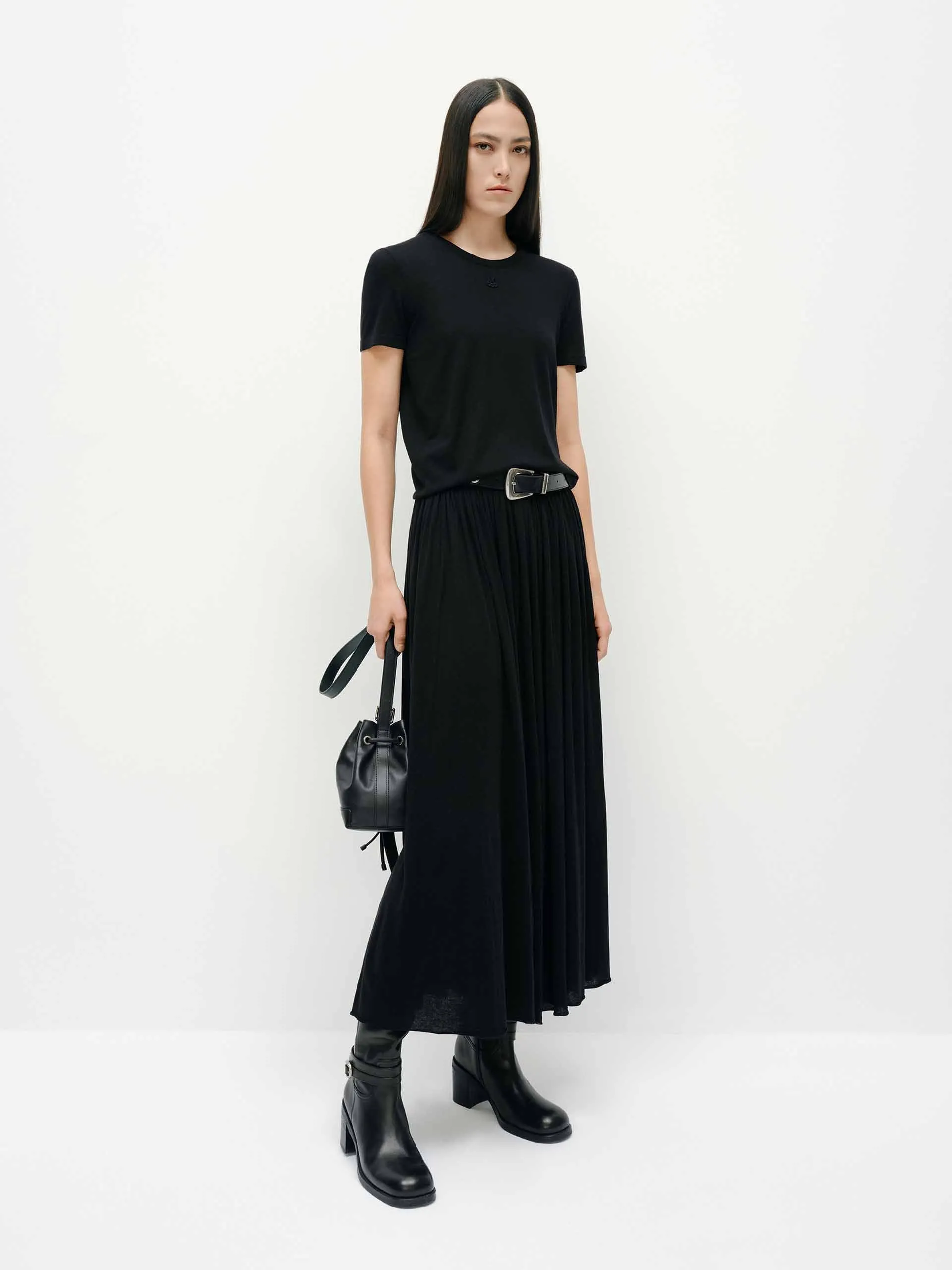 Wide Waist Pleated Skirt