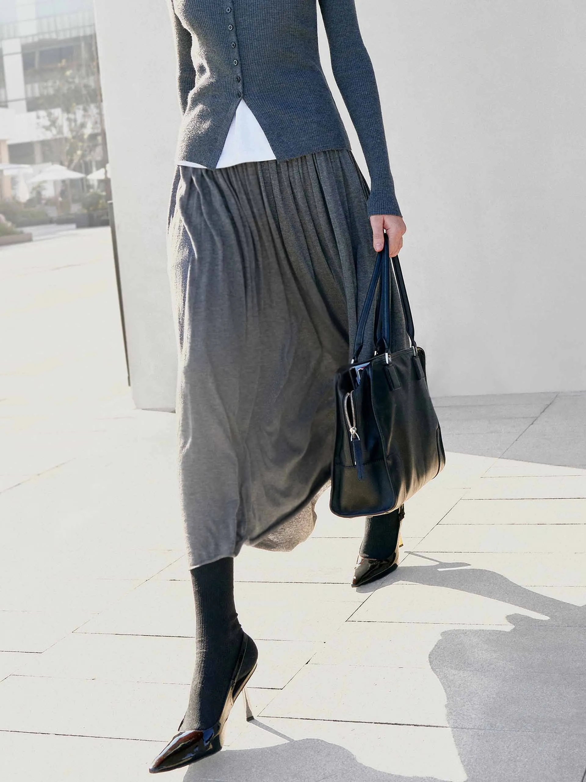 Wide Waist Pleated Skirt