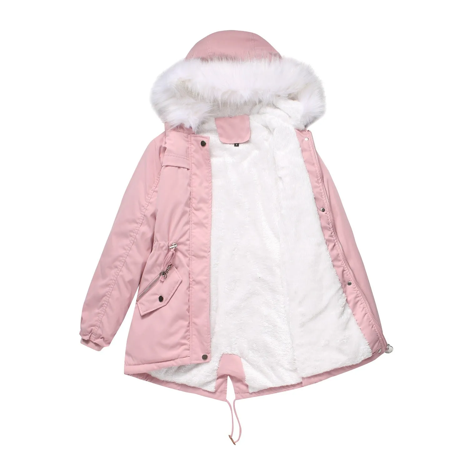 Women Cotton Padded White Fur Collar Hooded Coat