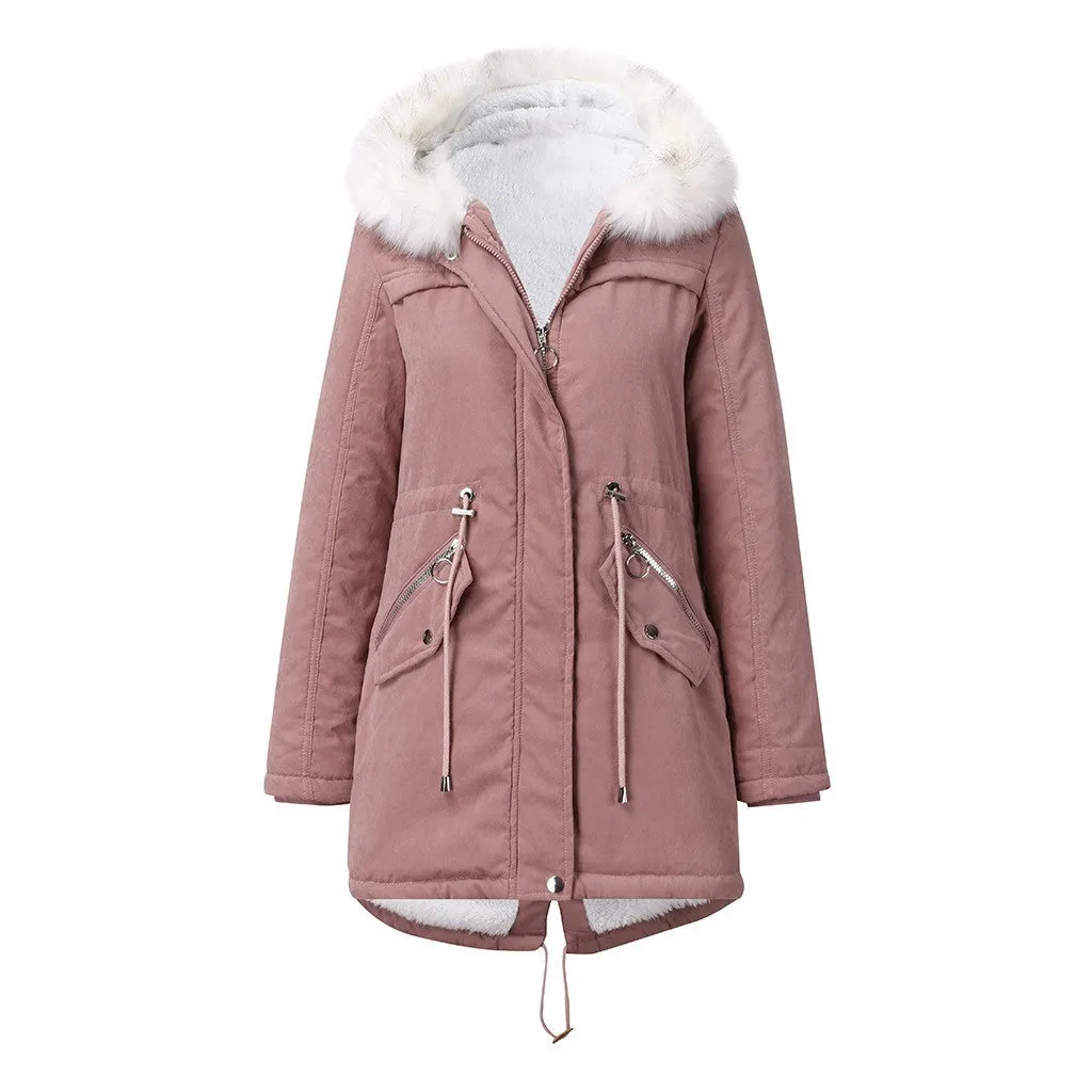 Women Cotton Padded White Fur Collar Hooded Coat