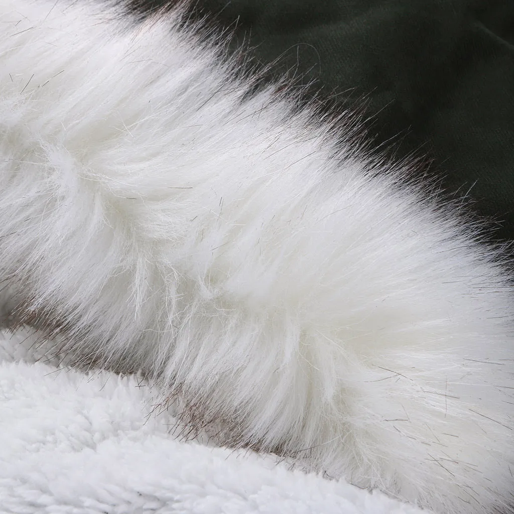Women Cotton Padded White Fur Collar Hooded Coat