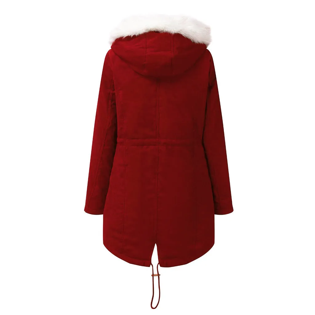 Women Cotton Padded White Fur Collar Hooded Coat