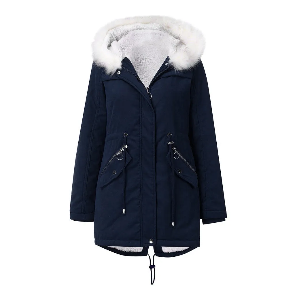 Women Cotton Padded White Fur Collar Hooded Coat
