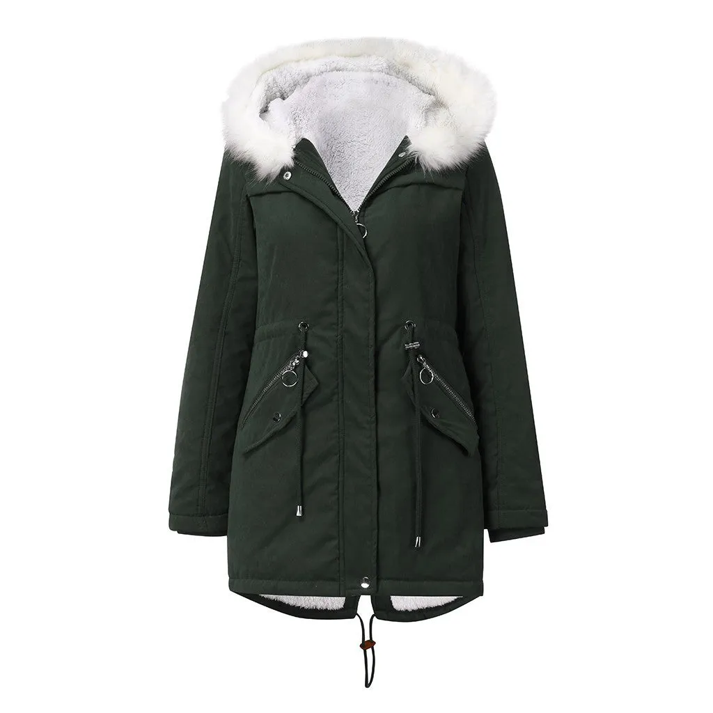 Women Cotton Padded White Fur Collar Hooded Coat