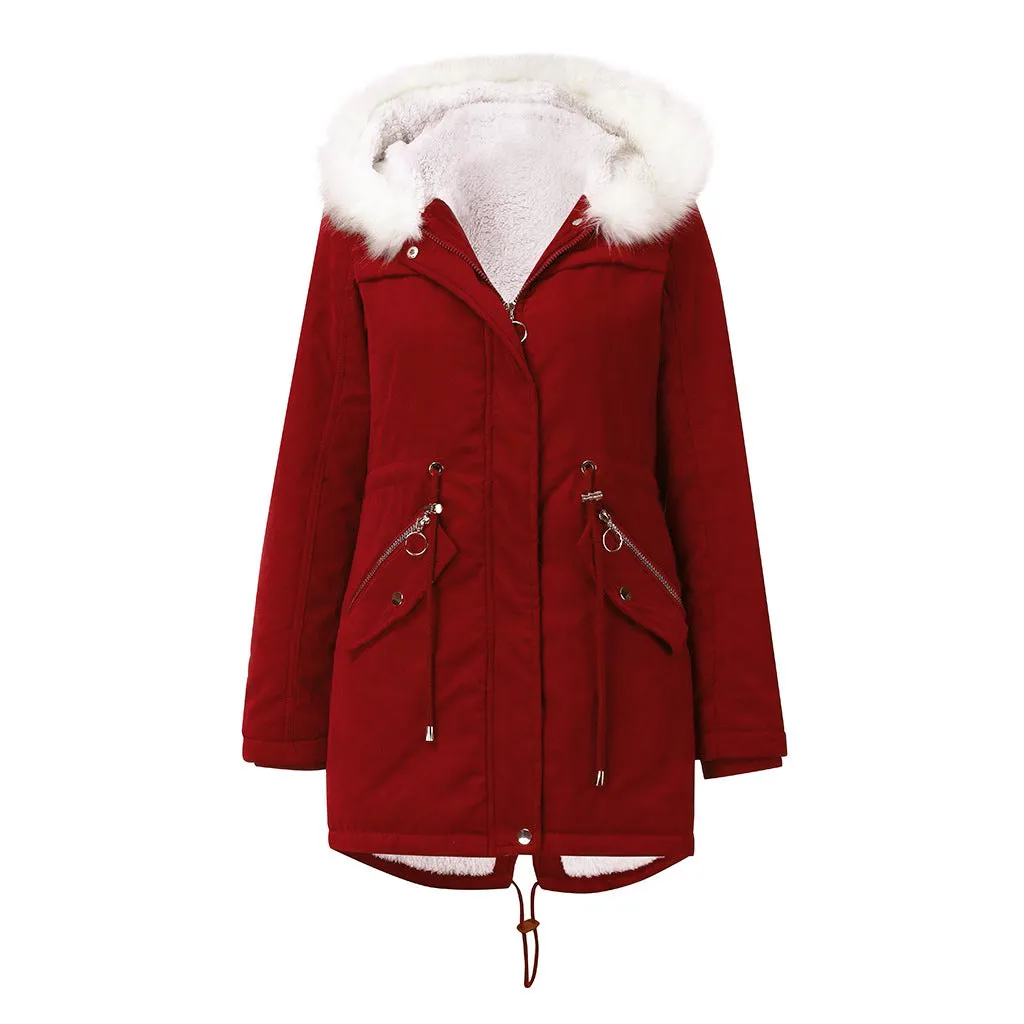 Women Cotton Padded White Fur Collar Hooded Coat