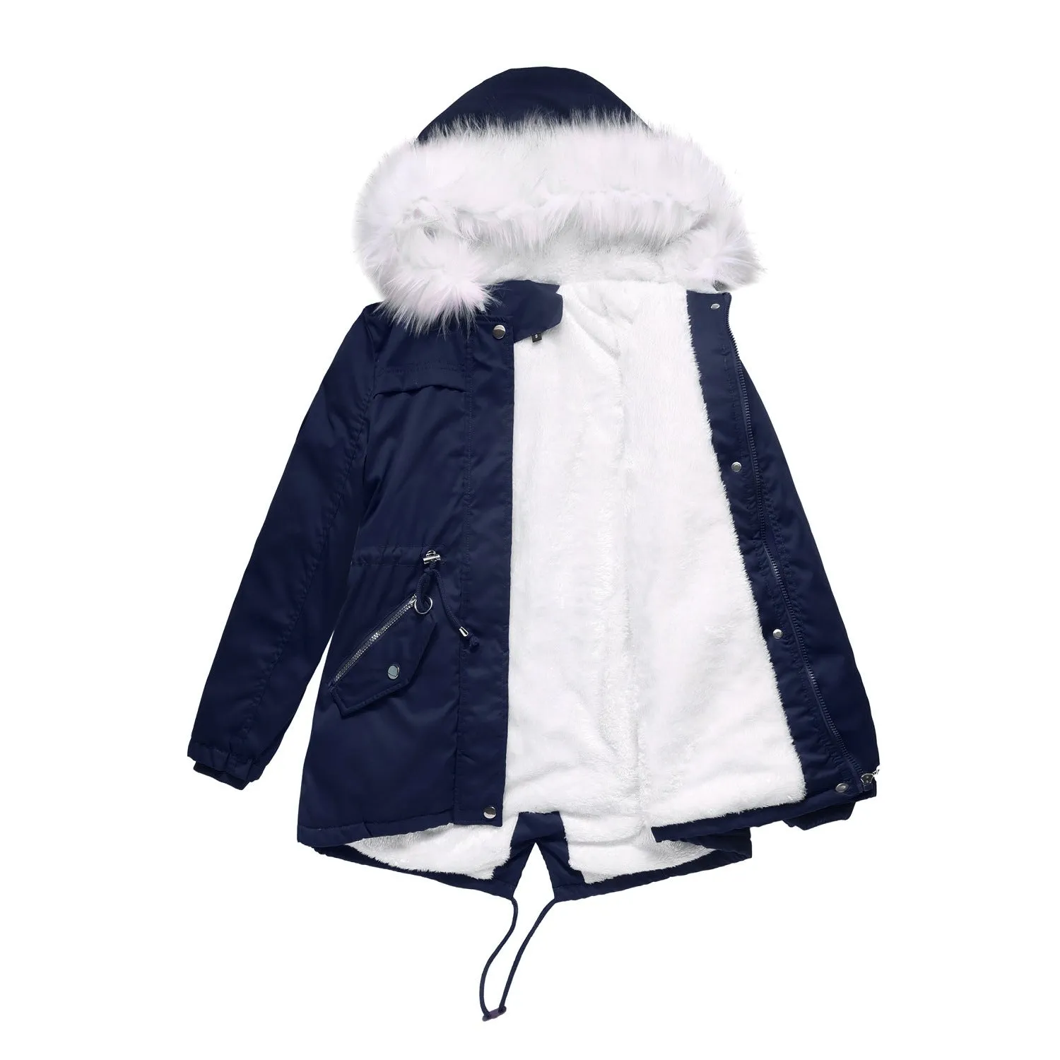 Women Cotton Padded White Fur Collar Hooded Coat
