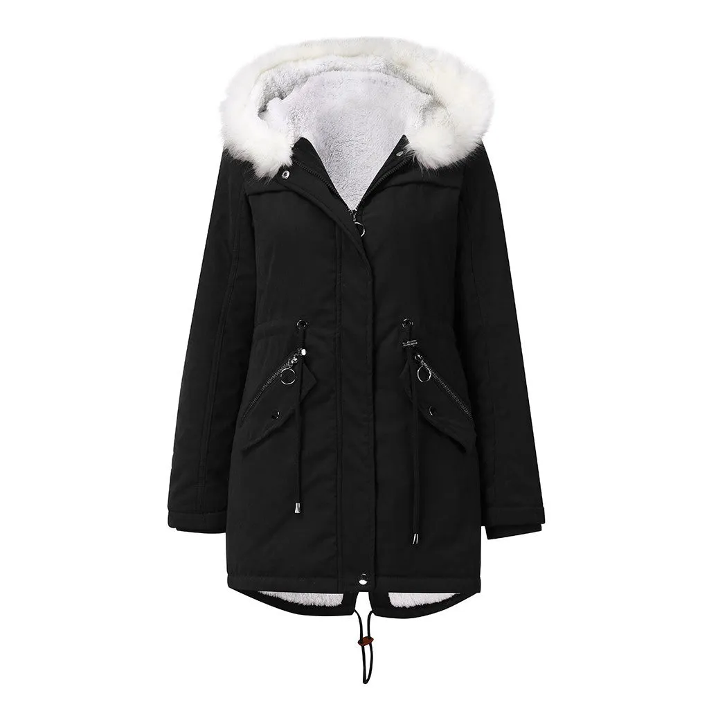 Women Cotton Padded White Fur Collar Hooded Coat