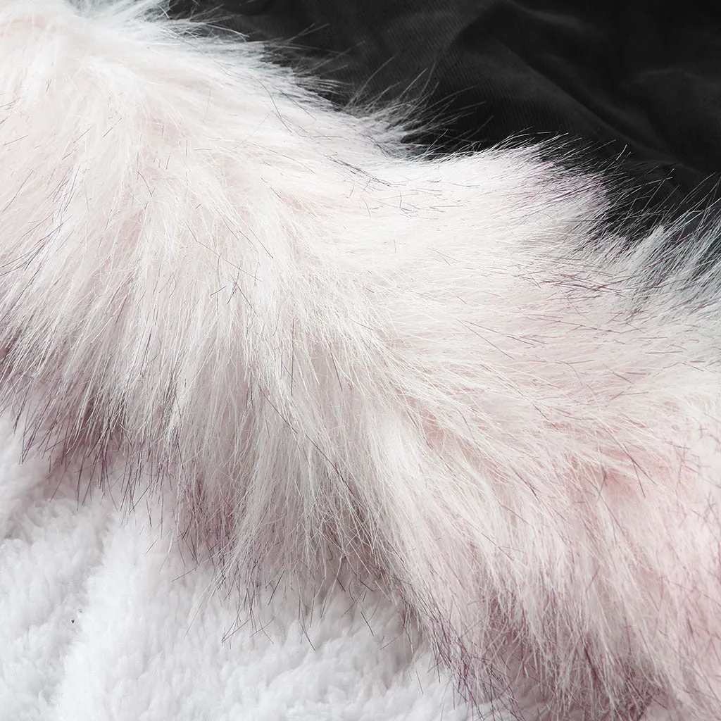 Women Cotton Padded White Fur Collar Hooded Coat