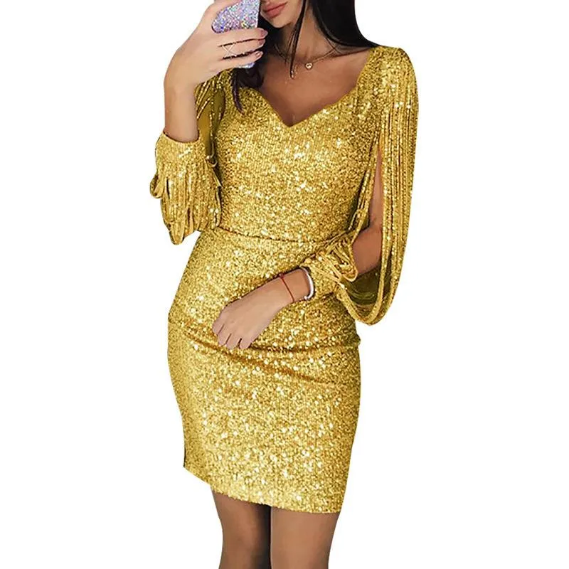 Women evening gown sequin v neck midi party dresses