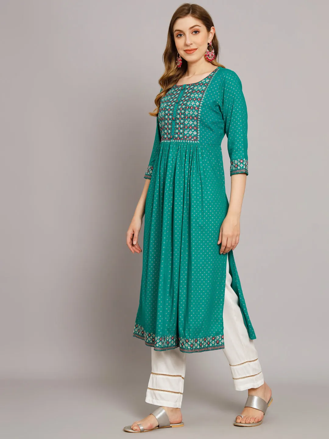 Women's Turquoise Rayon A-Line Kurta Palazzo Set