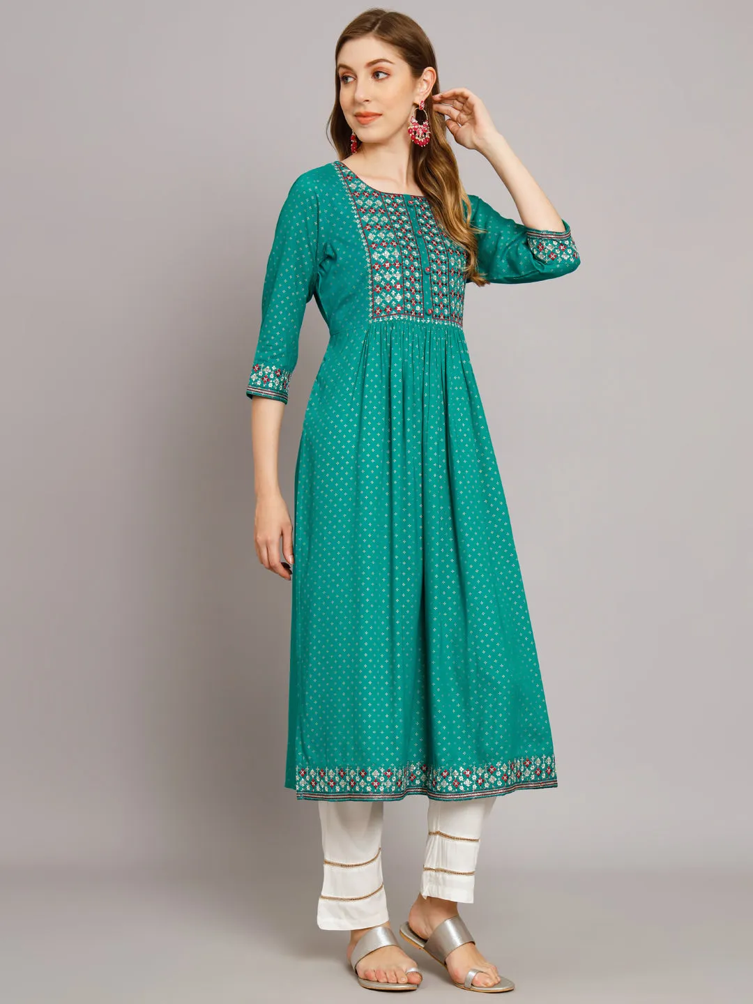 Women's Turquoise Rayon A-Line Kurta Palazzo Set