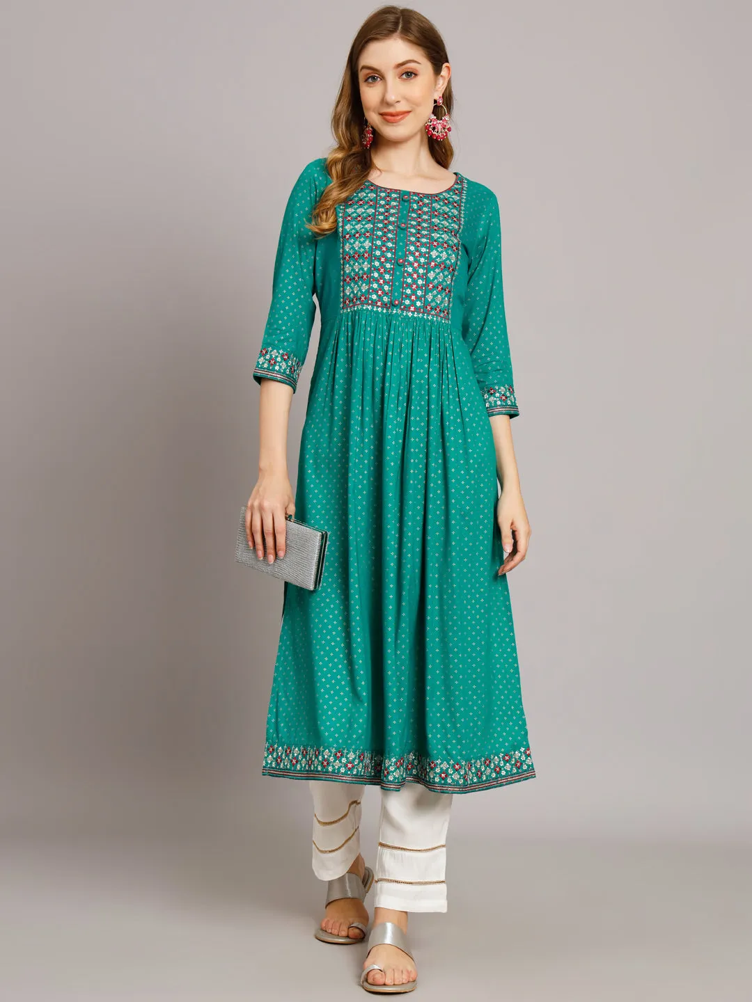 Women's Turquoise Rayon A-Line Kurta Palazzo Set