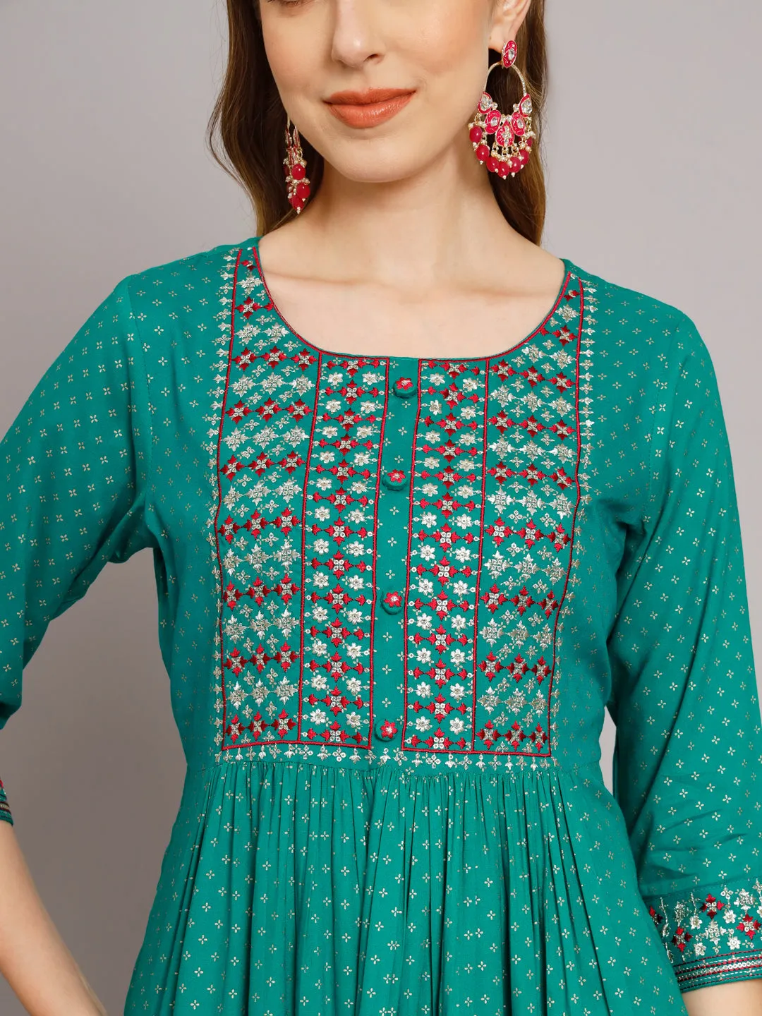 Women's Turquoise Rayon A-Line Kurta Palazzo Set
