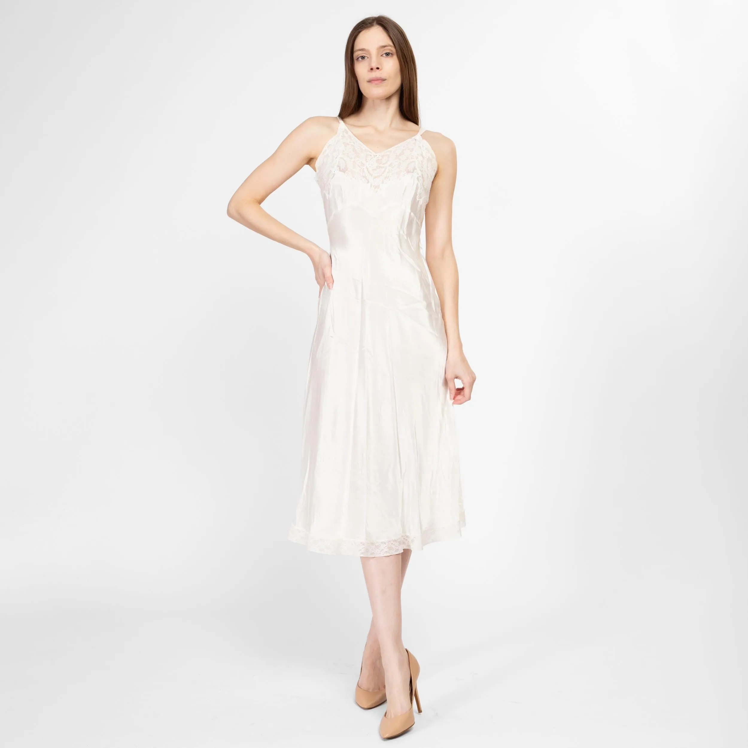 XS-Sm 1940s Fischer Heavenly Lingerie White Bias Cut Nightgown