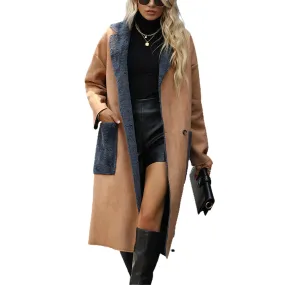 YESFASHION Fall Winter New Lapel Solid Suede Coat Long Coats