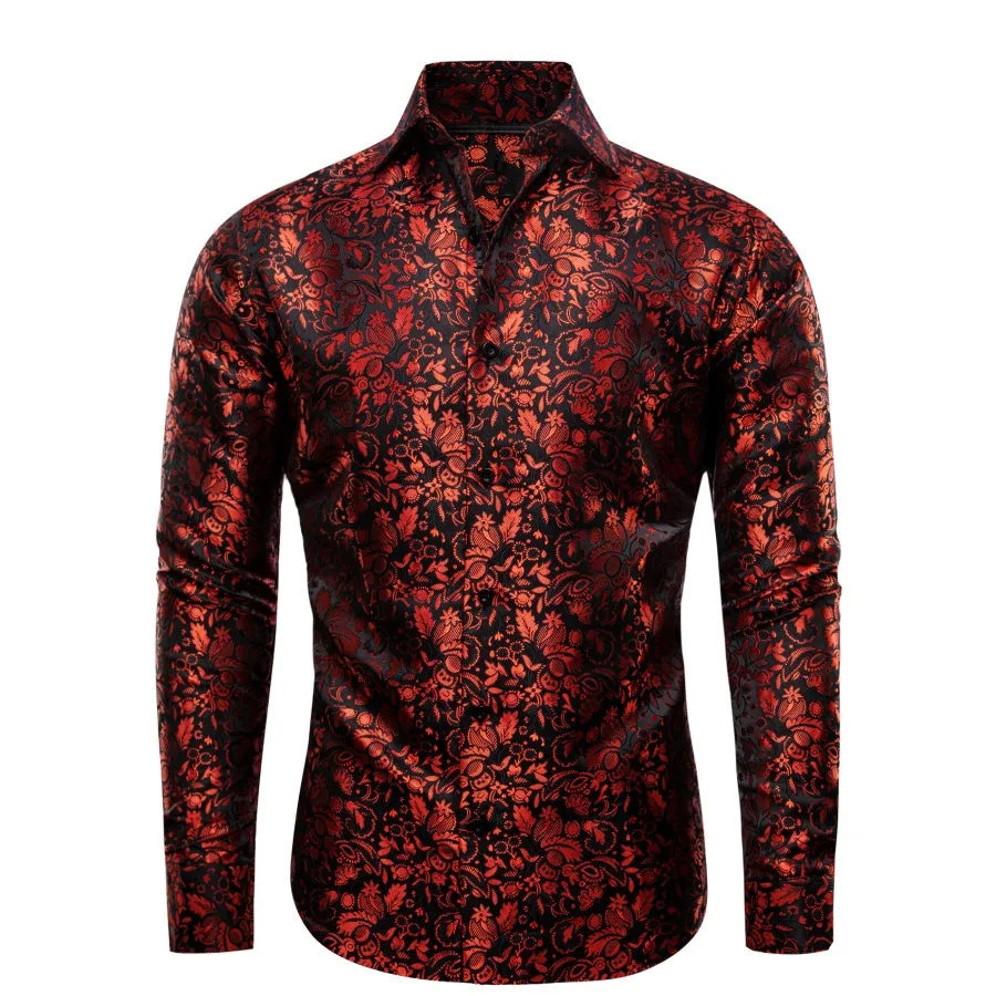 YourTies Red Shirt Black Floral Leaf Men's Long Sleeve Dress Shirt