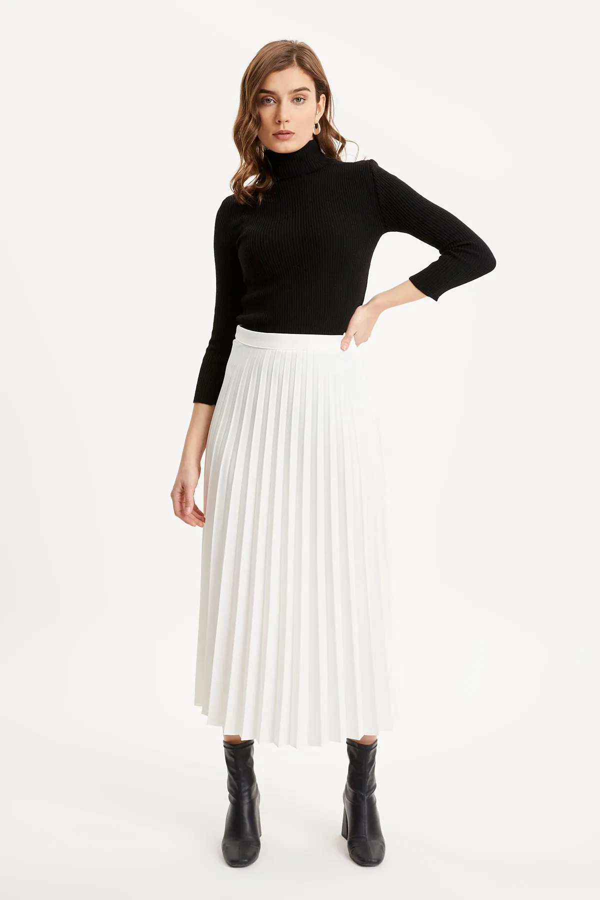 ZRF Women Pleated Basic Skirt - Ecru - Texcoco