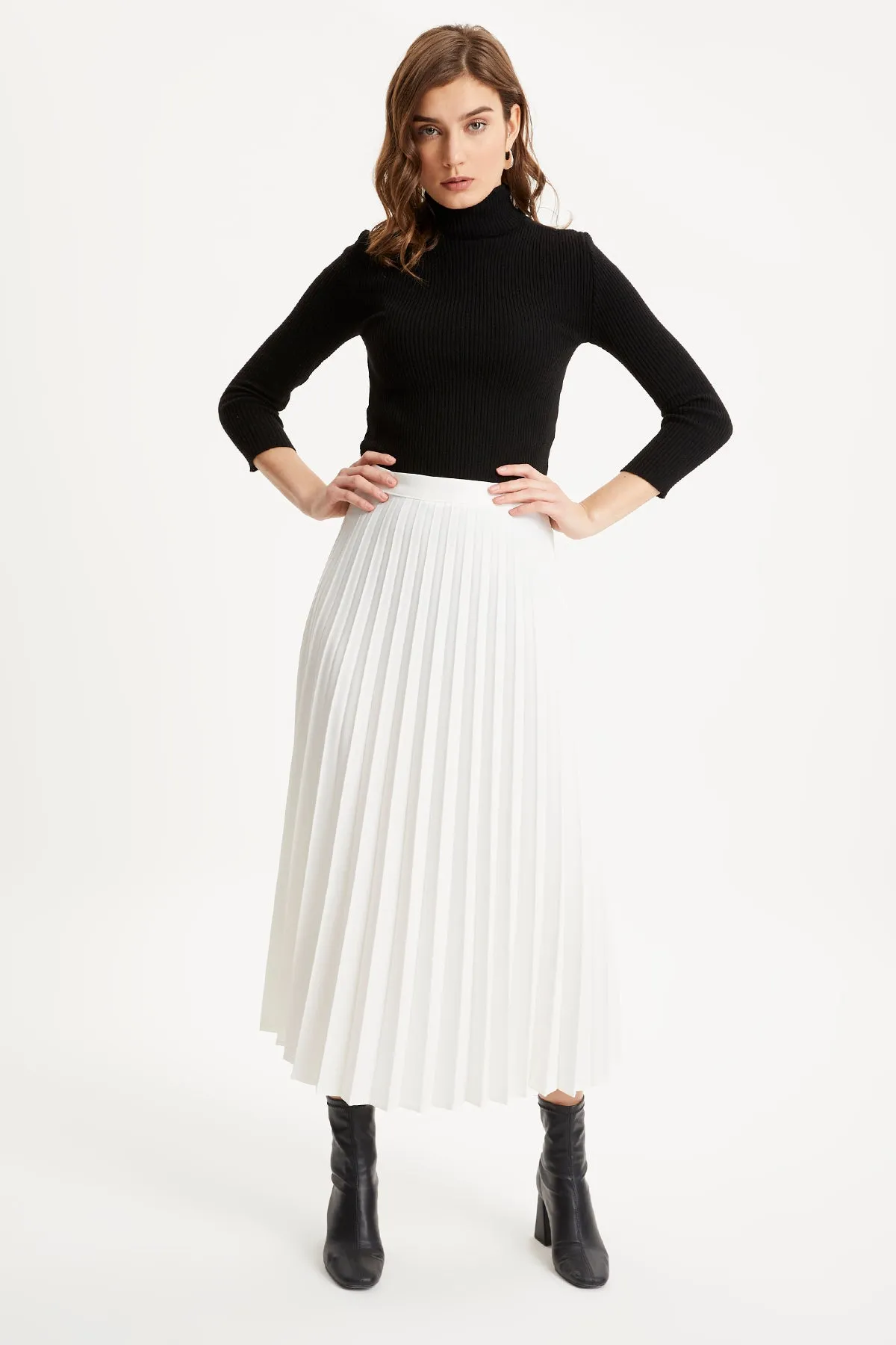 ZRF Women Pleated Basic Skirt - Ecru - Texcoco